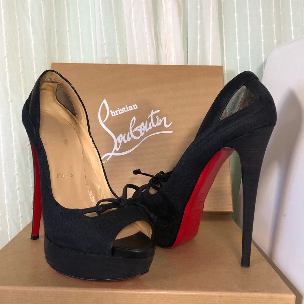 Black canvas & leather open toe Louboutin stiletto